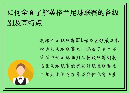 如何全面了解英格兰足球联赛的各级别及其特点